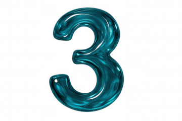 Turquoise liquid number three reflecting light against transparent backdrop