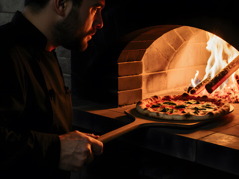 Chef placing a pizza into a glowing wood-fired brick oven