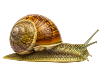 Close-up of a terrestrial snail with a beautiful, patterned shell, displayed against a pure black background.