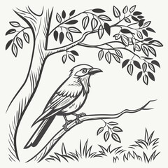 Stylized black and white illustration of a bird perched on a branch of a tree with leaves and grass