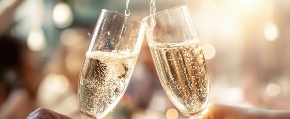 The celebration begins with clinking champagne glasses in a festive atmosphere.