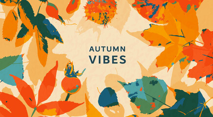 Autumn leaves background vector illustration. Creative fall design template with leaf foliage and retro textured effect for advertising, social media post, holiday invitation