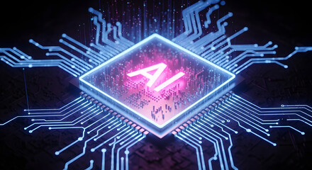 Futuristic vision of artificial intelligence depicted through a glowing circuit board, radiating with interconnected nodes, symbolizing data processing and machine learning capabilities of advanced