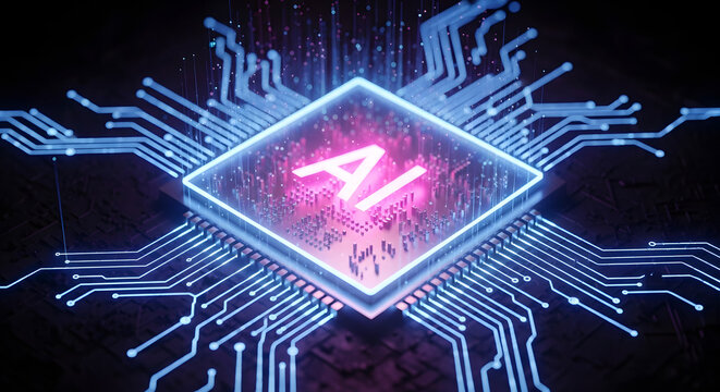 Futuristic vision of artificial intelligence depicted through a glowing circuit board, radiating with interconnected nodes, symbolizing data processing and machine learning capabilities of advanced