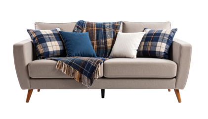 Modern sofa with checkered cushions and blanket isolated on transparent background