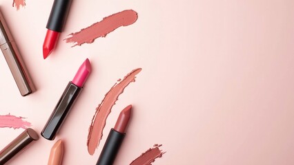 Top view of a vibrant collection of assorted lipstick shades. Makeup and cosmetic beauty products arranged in a frame on a delicate pink background