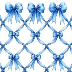 Fototapeta premium Seamless pattern of delicate blue satin bows interconnected with ribbons on white background creating a decorative lattice effect