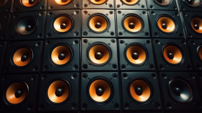 Close-up view of a wall filled with multiple black and orange speaker cones arranged in a grid formation, evoking a sense of sound and vibration potential