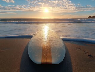 Surfboard lying on sandy beach with waves rolling in and sun setting over calm ocean under partly cloudy sky