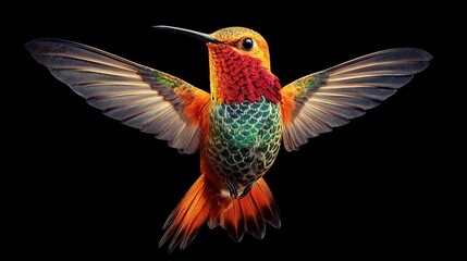 Fototapeta premium A brightly colored hummingbird with outstretched wings against a black background, showcasing its vibrant plumage