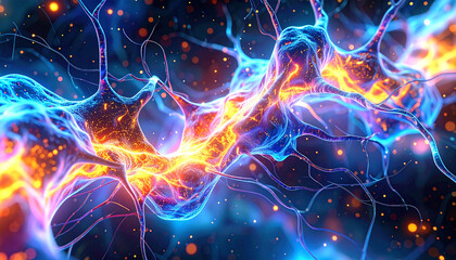 Fototapeta premium Neural Network: A stunning visualization of interconnected neurons, bathed in vibrant hues of blue and orange, conveying the intricate beauty of the brain's inner workings.