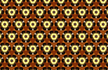 Intricate golden floral motifs adorn a captivating seamless pattern, exuding elegance and warmth in a symmetrical, decorative backdrop