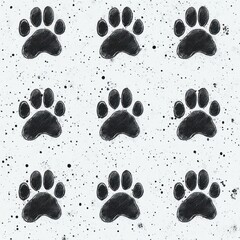 Pattern of nine black animal paw prints arranged in a 3x3 grid on a white speckled background, evoking a playful and natural vibe