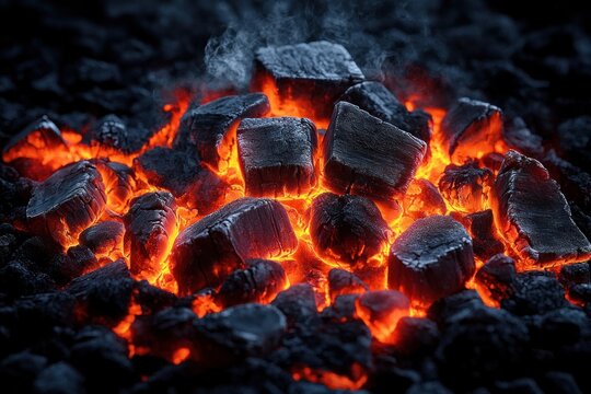 Close-up of glowing hot charcoal briquettes with visible red-orange heat and smoke rising in a dark setting - Powered by Adobe