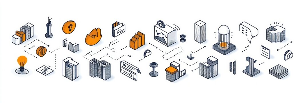 Isometric illustration of interconnected business and data analytics icons including charts, graphs, documents, and communication symbols in a linear flow - Powered by Adobe