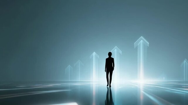 Silhouette Walking on Glowing Road with Multiple Up Arrows - Career Growth and Progress Concept	