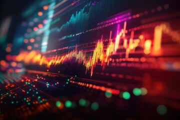 Colorful digital stock market graphs and data visualizations glowing with dynamic lines and points on a dark background