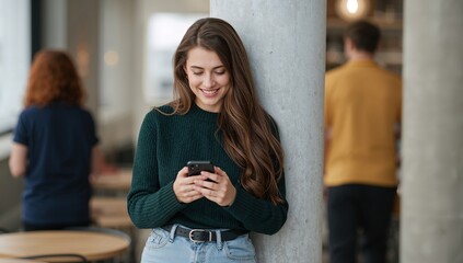 Happy young woman with long hair smiling while texting on her smartphone in a bright cafe or office break area.