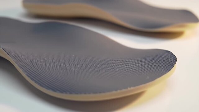 Detailed Orthotic Inserts Featuring Gray Grid Pattern and Beige Edging on a White Background