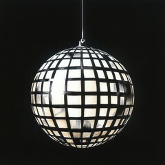Obraz premium Glowing spherical pendant light with a geometric grid pattern hanging against a black background