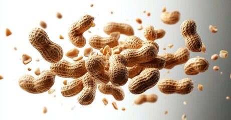 Close-up of multiple whole peanuts in shells and peanut fragments floating in mid-air against a light gradient background