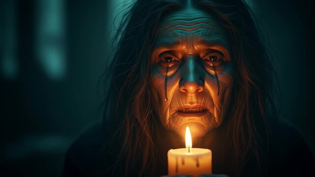 A Grieving Old Woman's Tearful Face Illuminated by a Single Candle's Hopeful Flame