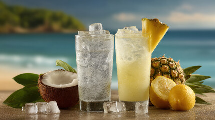 capture ultrabright of refreshing cocktails lemonade and tropical drinks adorned with vivid fruits and ice