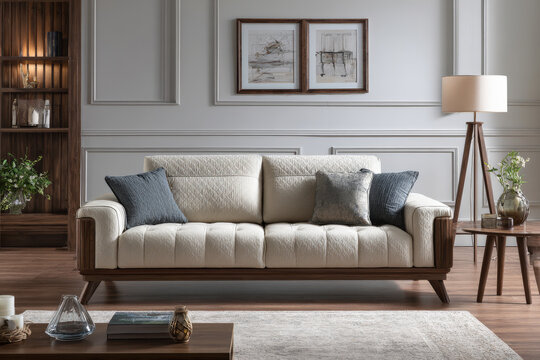 stylish ultrabright sofa with textured upholstery stands out against clean monochromatic background
