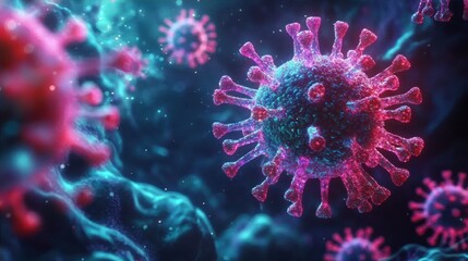 Close-up microscopic view of virus particles surrounded by glowing particles and fluid environment conveying a sense of urgency and microscopic scale