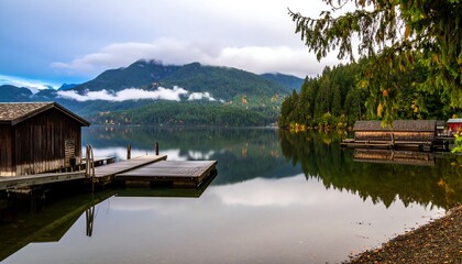 Obraz premium Lakeside cabins reflected in calm water