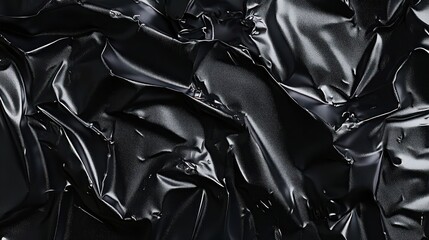 Close-up of shiny black crumpled smooth plastic fabric with detailed folds and glossy reflections creating abstract texture