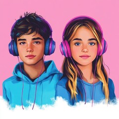 Portrait of a teenage boy and girl wearing headphones against a bright pink background with calm and focused expressions
