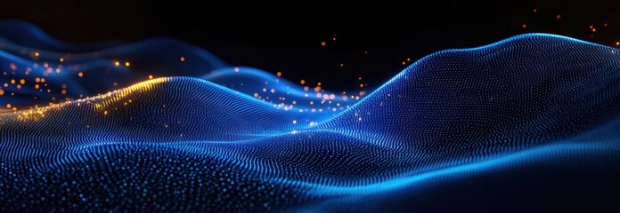 Abstract digital landscape of glowing blue wave-like particles with scattered golden light dots on dark background conveying dynamic energy