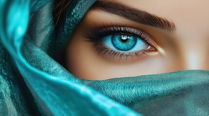 Close-up of a striking blue eye peeking out from behind a shimmering turquoise fabric, highlighting detailed eyelashes and perfectly groomed eyebrows with a mysterious and captivating expression