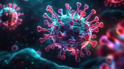 Close-up 3D illustration of a virus particle with spike proteins in a microscopic environment with glowing blue and pink colors