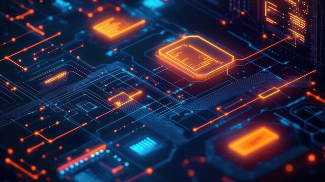 Close-up view of a futuristic digital circuit board with glowing orange and blue highlights representing data flow and electronic connections