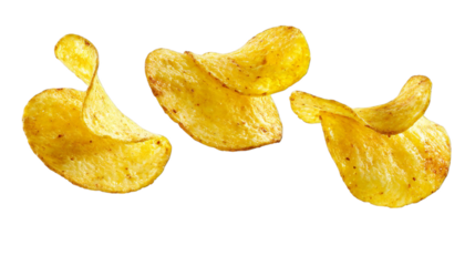 Golden crispy potato chips floating, ready for a delicious snack time, perfect for food blogs and advertising salty snack cravings satisfaction