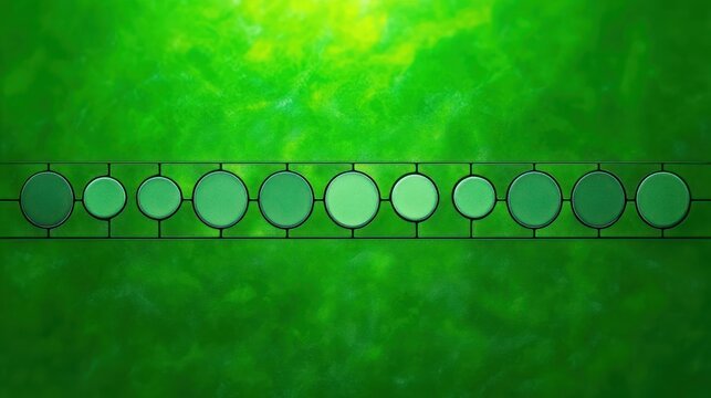 Abstract horizontal pattern of interconnected green circles in varying shades on a textured bright green background conveying harmony and balance