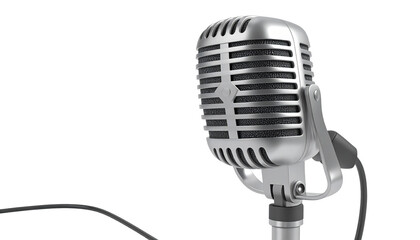 3D metal microphones on stand. Retro sound recording equipment. Vintage studio concert microphone. 3D illustration. 
