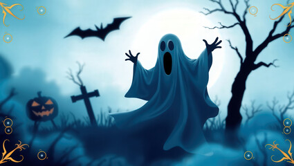 Fototapeta premium Spooky Ghost Haunting a Graveyard on a Misty Halloween Night