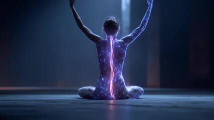 Futuristic Meditation: Woman's Body Illuminated by a Glowing Neural Network and Spinal Energy Flow - Powered by Adobe