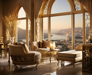 Bright living room interior with large sofa, bookshelves, coffee table, crockery, white wall, carpet and oak wooden floor.AI generated