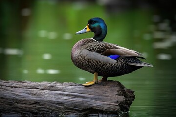 Obraz premium A vibrant duck with iridescent blue and green head perched on a weathered log over calm green water