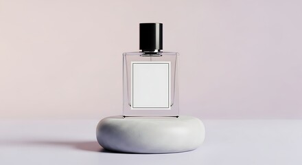 A transparent square glass perfume bottle with a gold metallic cap, minimal white label, placed on a smooth stone pedestal, soft pastel gradient background.