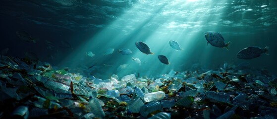 Naklejka premium The underwater scene of fish swimming above plastic pollution in the ocean.