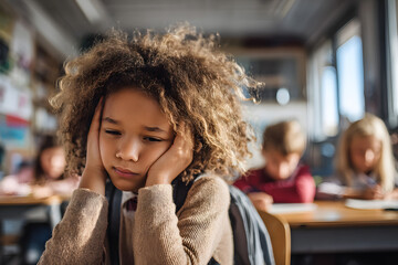 Lonely sad african-american schoolgirl crying while all her classmates ignoring her. Social exclusion problem. Bullying at school concept. Racism problem