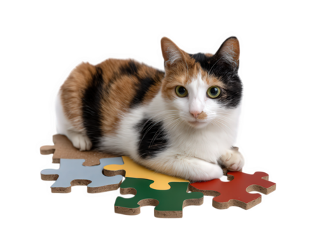Calico cat lying on colorful puzzle pieces, playful and curious expression, indoor pet, interactive environment, transparency background, concept of mental stimulation for animals