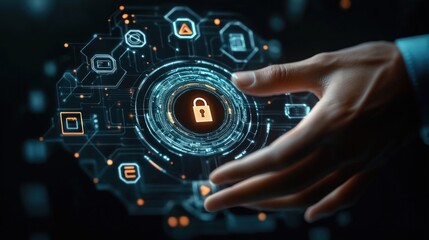 Hand interacting with a futuristic digital interface featuring a glowing padlock symbol surrounded by various technology and data icons