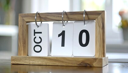 Wooden Calendar Displaying October 10th, Minimalist Design, Natural Light, Close-Up.