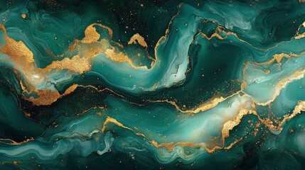 Obraz premium abstract swirling waves of teal and green with shimmering gold highlights creating a dynamic and elegant liquid marble effect